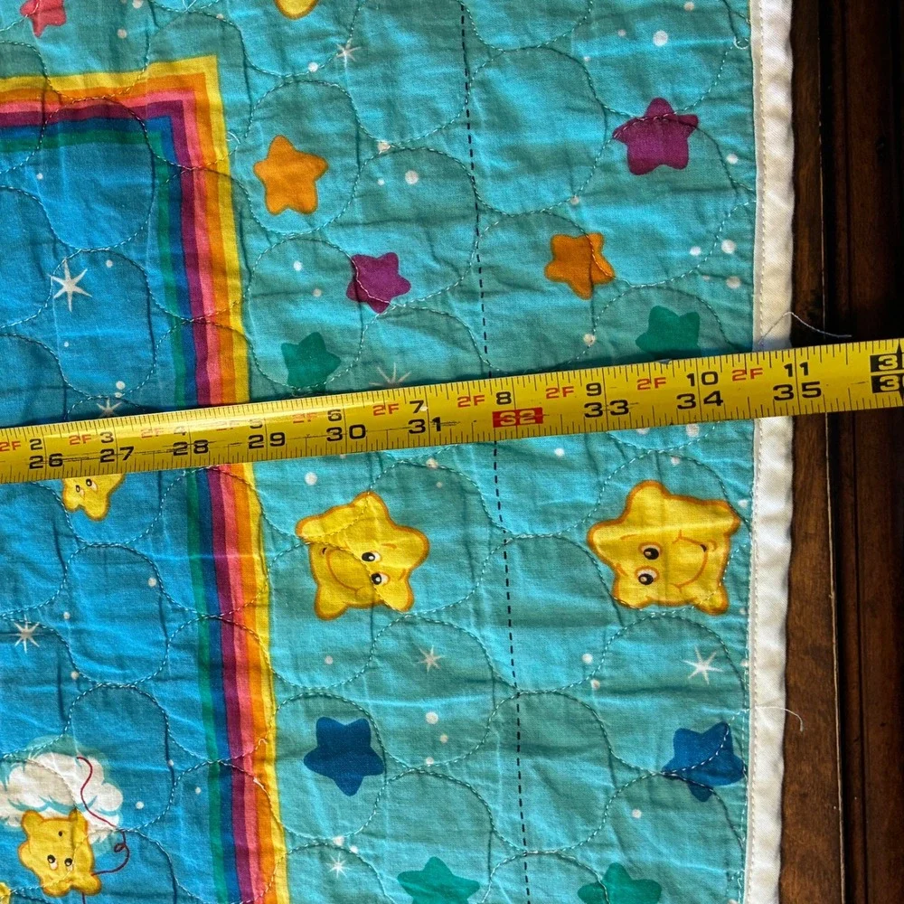 Vintage Care Bears Baby Quilt Handmade Blue Rainbow Trail Star Blanket